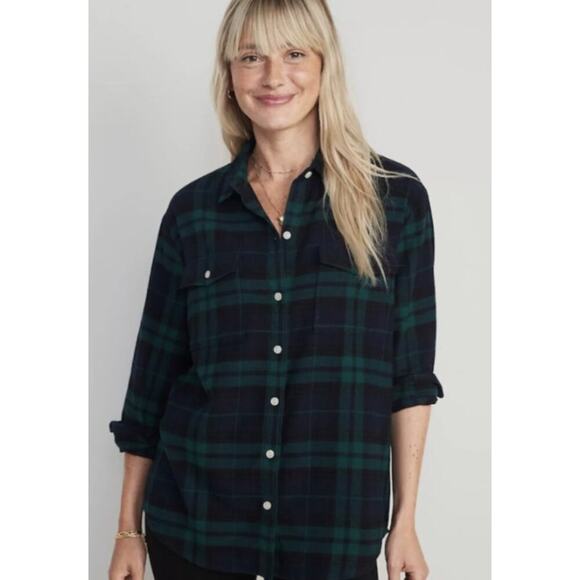 Old Navy The Boyfriend Shirt Plaid Flannel Button Green Blue Womens Small NWT - Picture 1 of 7